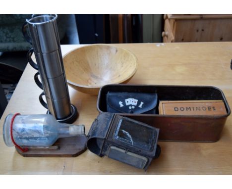 A mixed lot to include a wooden bowl, a copper roasting tin, a ship in a bottle, four chrome coffee cans and a vintage Duntap
