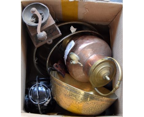 A mixed lot to include a brass kettle, two silver plated hot plate covers and a Lucas Nobs 'King of the Road' vintage car lam