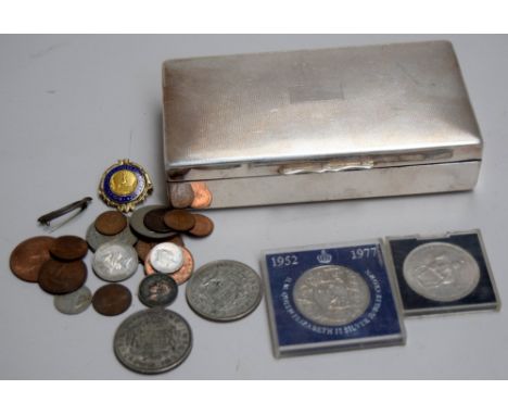 A small collection of English coins, including two George VI 1937 crowns, two Elizabeth II crowns, coppers and a silver and e