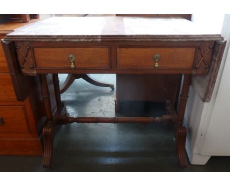 A  drop leaf hall table with two drawers, crossed stick detailing to the sides 61 x 59 x 80cmH