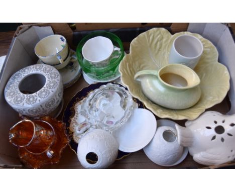A selection of glass and ceramics, including Royal Albert 'Beatrix Potter' teacup and saucers and Ridgway cups and saucers