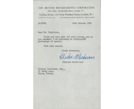 Conductor, Charles Mackerras ALS dated 12th December 1955 on headed British Broadcasting Corporation paper. This typed letter