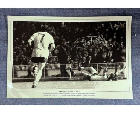 Charlie George signed 18 x 12 black and white print Arsenal 1971 The Winner. Arsenal's Charlie George famously celebrates by 