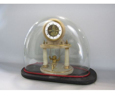 Good French alabaster portico type clock, the drum head movement with open escapement and enamel chapter ring over a novelty 