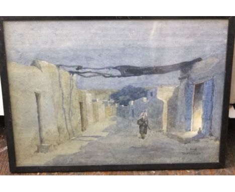 D K Kennett (early 20th century), Middle Eastern street scene with figure, watercolour on paper, signed and inscribed L Avish
