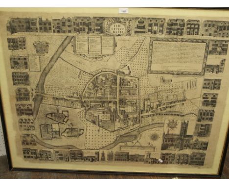 A black and white print of an 18th century engraving showing the city of Bath by Dr Guidot, 1731, sheets size 83 x 106cm