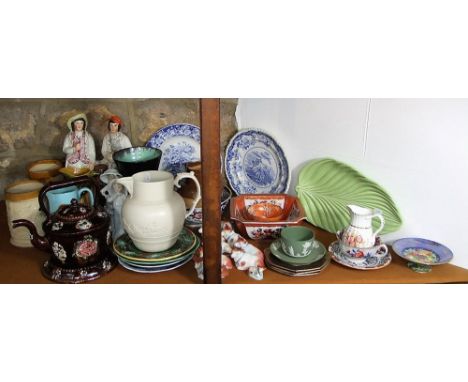 A collection of 19th century and other ceramics including a barge ware tea pot and stand with applied floral detail, various 