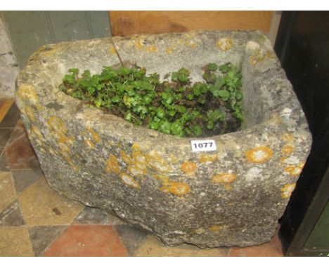 A small unusual weathered natural stone corner/wedge shaped trough approx 45 cm wide x 30 deep x 28 cm high 