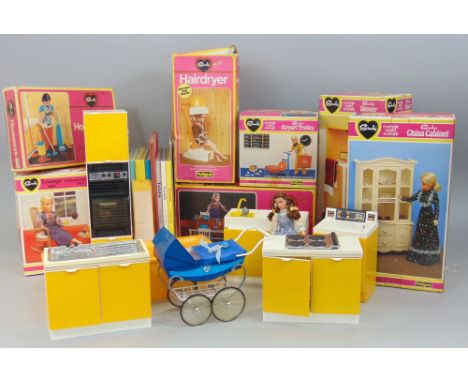 Large collection of vintage Cindy dolls house furniture, some in original boxes, including lounge, dining room, bathroom, kit