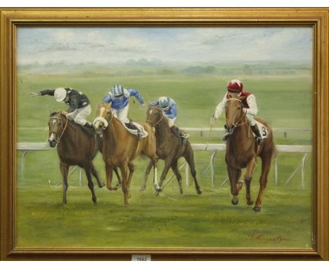 T Kingsmill Brown - Horse racing scene, oil on canvas mounted on board, signed, 45 x 60cm, together with K O'Sullivan, study 