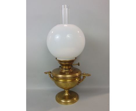 Lampe Belge Patent 12285-1884 brass twin handled oil lamp, with opaline glass shade, the lamp 23cm high, with a further brass