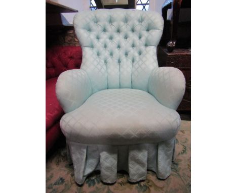 A Victorian style spoonback drawing room or bedroom chair with light blue/aquamarine trellis patterned upholstery and button 