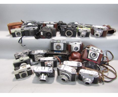 Two boxes of mixed film cameras to include Canon, Olympus, etc, (approx 30 items)