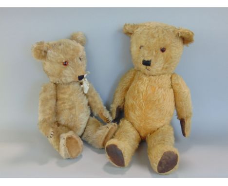 1940s teddy bear, possibly Chiltern, 22" tall with glass eyes, stitched nose and mouth, jointed limbs, canvas paw pads, toget