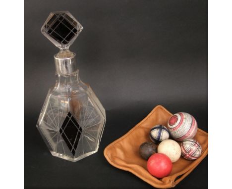 Art deco shaped glass decanter with metal collar and black overlay decoration, 31cm high, together with a collection of antiq