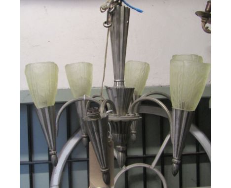 An Art Deco period hanging cast metal five branch ceiling light/electrolier, the frosted moulded glass tapered shades with fo