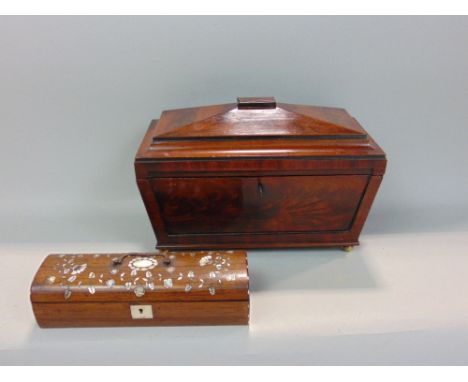 19th century flame mahogany sarcophagus tea caddy with twin gilt lion head handles together with a further rosewood and mothe