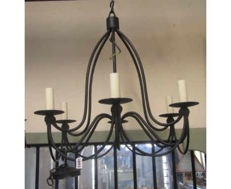 Two contemporary cast metal hanging ceiling lights/electroliers of varying design, one of hexagonal form with pierced lattice