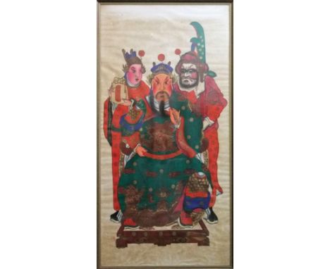 An oriental coloured woodblock type print of a bearded seated male character flanked by two further characters, 96 x 47cm, fr