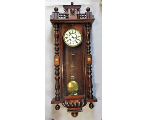 Vienna type regulator wall clock, the architectural case fitted with a 20cm enamelled dial, with two train movement and Roman