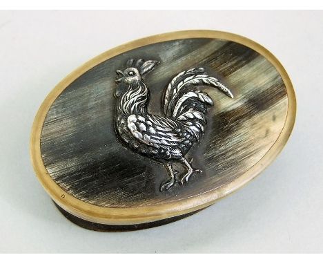 19th century horn snuff box, oval mounted with a white metal cockerel 