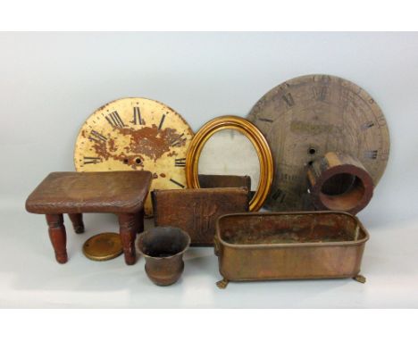 A mixed miscellaneous lot to include two clock dials, a drum head clock case, a leather purse, a brass jardiniere and others