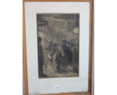 Ella S Tiel, study of a busy scene at a railway ticket office, possibly lithographic monochrome print on paper, with signatur