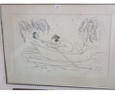 Mid 20th century school, a monochrome lithographic type print of a river scene with two female and a male figure in a rowing 