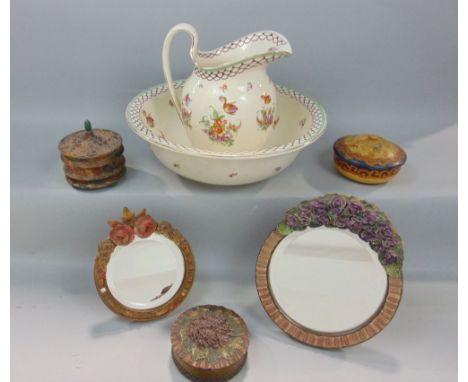 Two Barbola easel picture mirrors together with further Barbola wares and a wash basin and jug