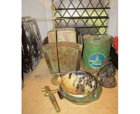 A 19th century copper helmet shaped coal scuttle, cylindrical and brass banded coal bin, horn bowl, bargeware type frying pan