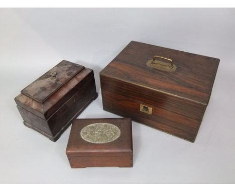 19th century rosewood work box together with a further 19th century mahogany caddy and a further Chinese hardwood box with ja