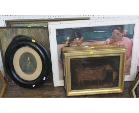 A collection of pictures and prints including an oil painting on canvas in the 19th century naive manner of a bull in a barn 