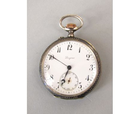 Vintage Longines Grands Prix Niello silver dress pocket watch, the enamel dial with Arabic numerals and subsidiary second dia