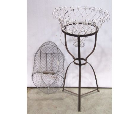 A Victorian wirework hanging flower basket, an iron work basin stand with an enamel basin,   a potato basket, a pair of late 