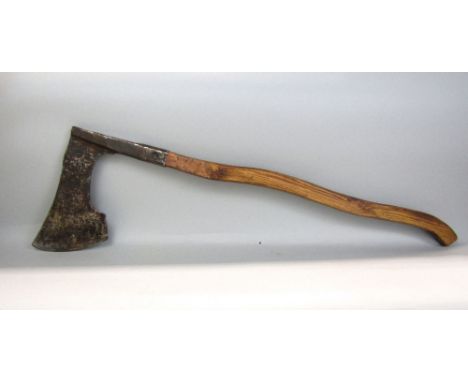 Antique executioners axe with hand finished iron blade and replacement handle, 98 cm long