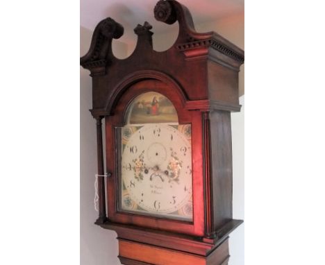 A mid-19th century mahogany longcase clock, the hood with swan neck pediment enclosing a broken arch painted dial, to the arc