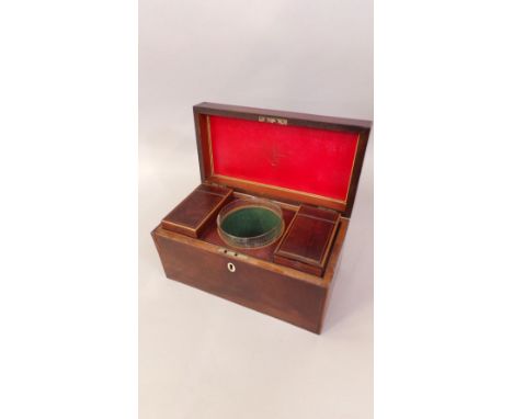 Georgian flame mahogany boxwood inlaid tea caddy, the hinged lid enclosing an interior fitted with two further lidded compart