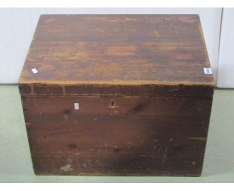 A vintage stained pine silver chest with hinged lid, side carrying handles, segmented and baise lined interior, together with