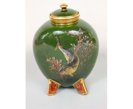 A 19th century green ground Minton's type moon flask vase and cover, probably Minton, with painted decoration by Wenceslas (W