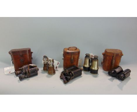 A box of five vintage prismatic and Galilean binoculars c1900-1910, four Ross (3 in original cases) plus one French example