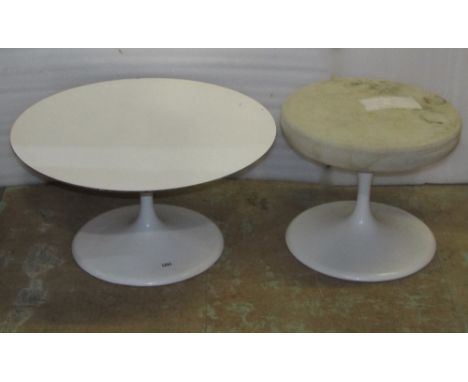 A vintage stool with circular upholstered top raised on a metallic disc shaped base, together with a similar occasional table