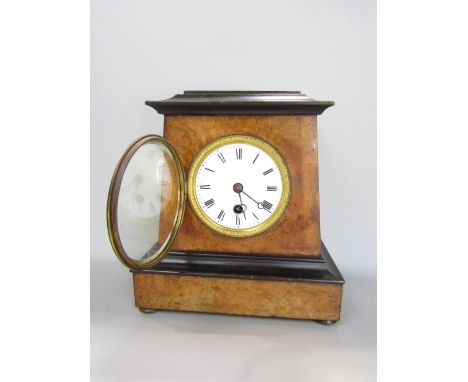Regency style burr walnut and ebonised mantel clock of architectural form with single train enamelled dial, 23cm high, pendul