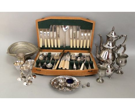 A box of silver plated items to include a four piece tea service, silver plated goblets, various further dinner and teawares,