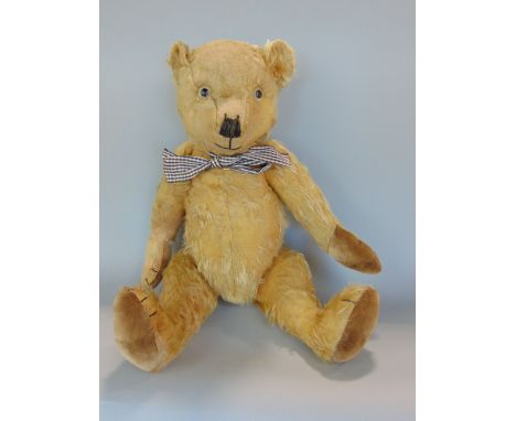 1920 Chiltern teddy bear 23" tall with  glass eyes, stitched nose, mouth and claws, jointed limbs, velveteen paw pads