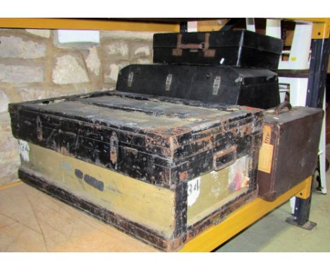 A vintage stained pine framed and re-enforced trunk, a vintage car trunk and three other cases of varying design (5)