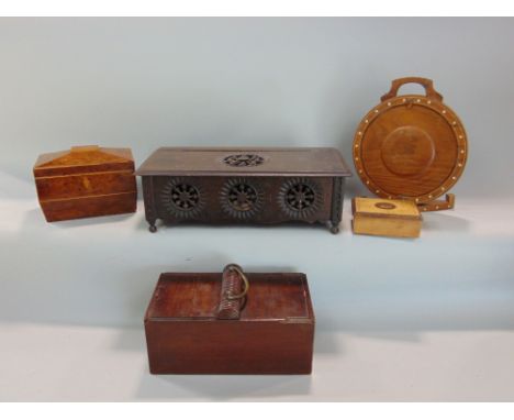A mixed treen lot to include a yew wood sarcophagus caddy, various mahogany twin lidded boxes, a further oak box with cartwhe
