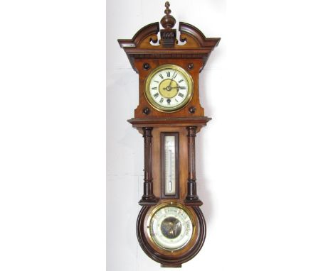 Mahogany cased wall clock barometer/thermometer, 65cm high