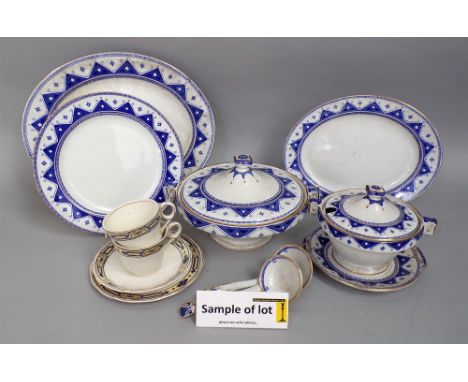 A Burleighware Sefton pattern dinner service in a blue and white repeating geometric design, 12 place settings with additiona