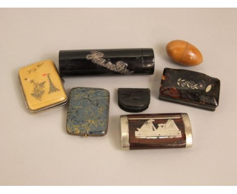 19th century rosewood pocket snuff box, with silver plated detail, showing a steam/sail boat, tortoiseshell and inlaid snuff 