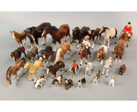 A collection of various ceramic horses including a Melba ware mare and foal, an unmarked group of a Canadian Mountie, etc